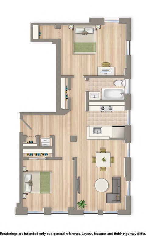 Floor plan for 2 beds, 1 bath, 796 sqft